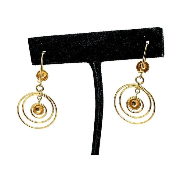 Hoops Earrings 14k Yellow Gold Concentric Circles Women's Dangle 21mm Es… - Picture 5 of 13
